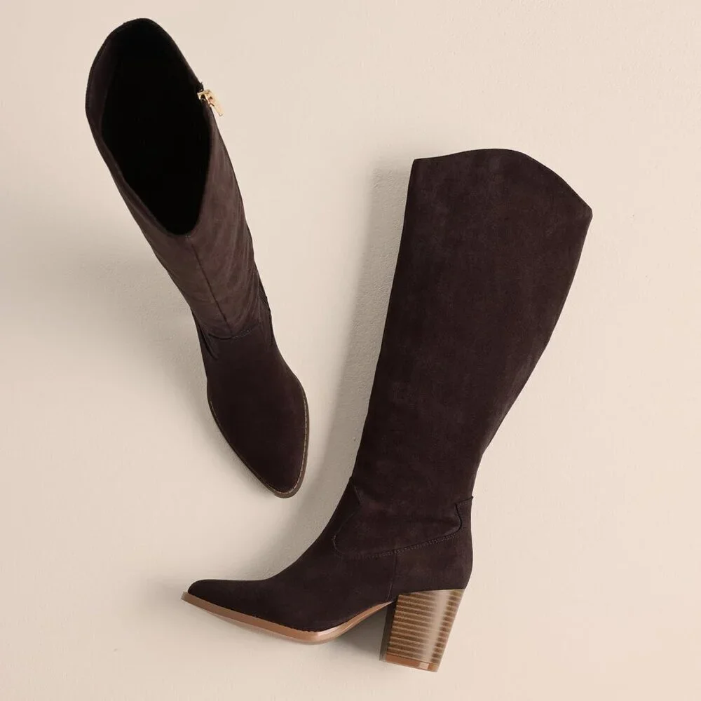 🆕Womens Suede Chocolate Side Zipper Knee High Pointed Toe Chunky Heel Tall Boot